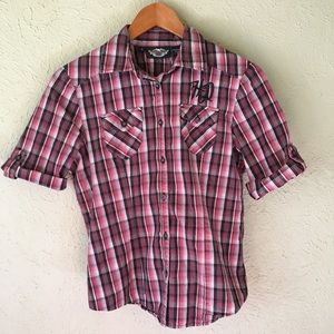 Harley Davidson pink plaid button down shirt small